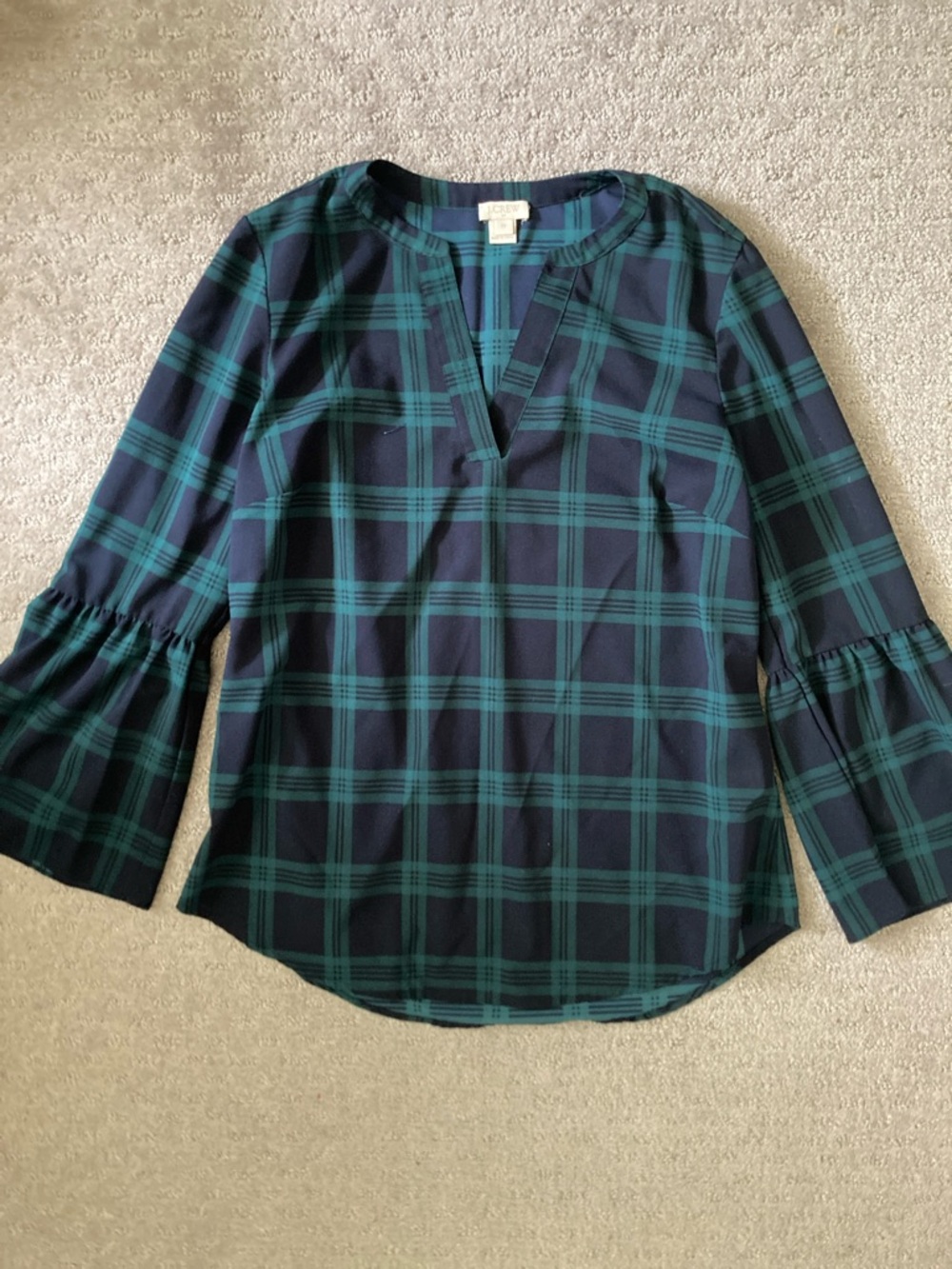 J. CREW green & navy tartan plaid bell-sleeve blouse, XS.